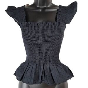 Kourt Black Smocked Square Neck Peplum Top Ruffle‎ Flutter Sleeve XS
